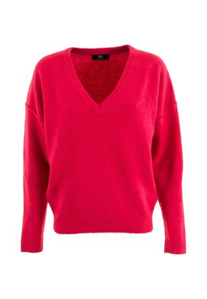 V-neck, oversized sweater in bright pink, made from soft knit fabric. Features ribbed cuffs and hem, slightly dropped shoulders.