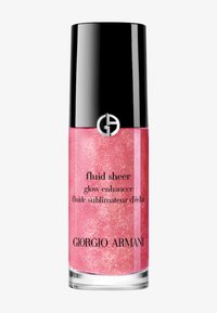 Giorgio Armani Fluid Sheer, en klar flaske med en svart kork, inneholder en rosa glitrende væske med fine glitterpartikler.