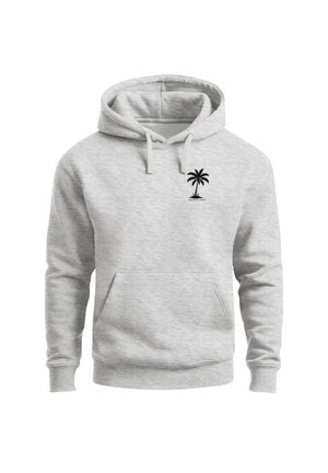 Light gray hooded sweatshirt with front pocket and small black palm tree logo with text on the left chest.