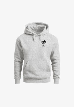 Hellgrauer Kapuzenpullover mit Fronttasche und kleinem schwarzem Palmen-Logo mit Text auf der linken Brust.