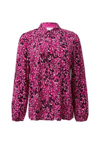 Camicia button-up rosa con un motivo astratto in bianco e nero, maniche lunghe e collare. Realizzata in tessuto leggero con una texture liscia.