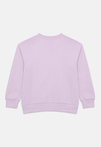 Lilac sweatshirt featuring a crew neckline, ribbed cuffs and hem, and a smooth texture with a relaxed fit. Back view shows no additional details.