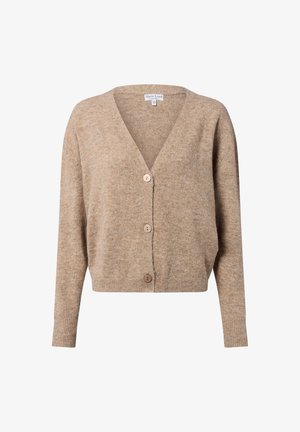 Beige wool cardigan with a V-neck, long sleeves, and three buttons down the front. Soft texture, relaxed fit, and cropped length.