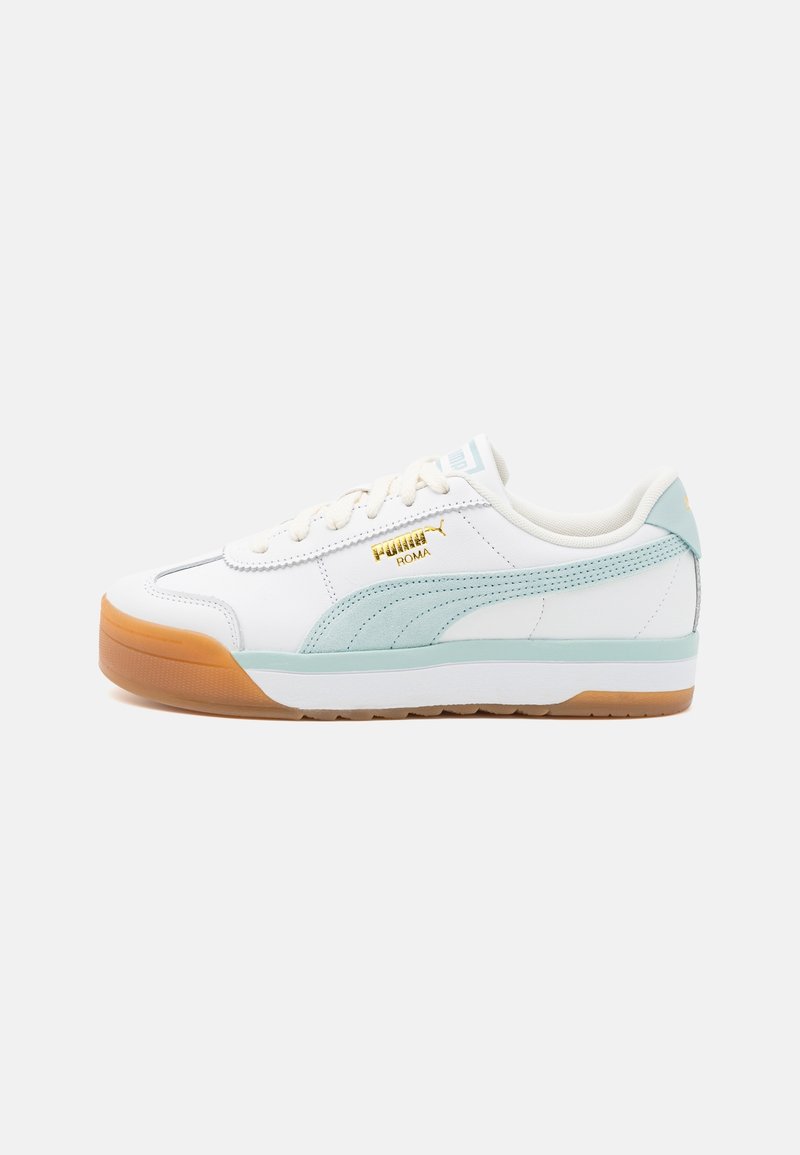 Baskets blanches Puma Roma avec bande bleu clair, semelle en gomme, logo Puma doré et fermeture à lacets, vues de côté sur fond blanc.