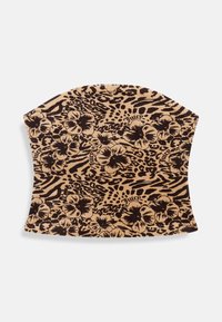 Beige szövetből készült, fekete virág- és állatmintás dizájnnal ellátott cropped top, lekerekített nyakkivágással és testhez simuló fazonnal.