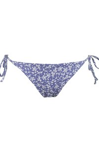 Parte inferior de bikini púrpura con un patrón floral, que presenta lazos laterales. El material es una tela suave con una textura lisa. Diseñada para un ajuste cómodo.