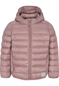 Gevoerde hooded jas van zacht mauve stof, met een horizontaal gequilt ontwerp, een ritssluiting aan de voorkant en een logo patch aan de onderzijde links.