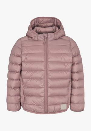 Gepolsterte Kapuzenjacke aus weichem Mauve-Stoff, mit horizontalem Steppdesign, durchgehendem Reißverschluss und Logopatch auf der linken unteren Seite.