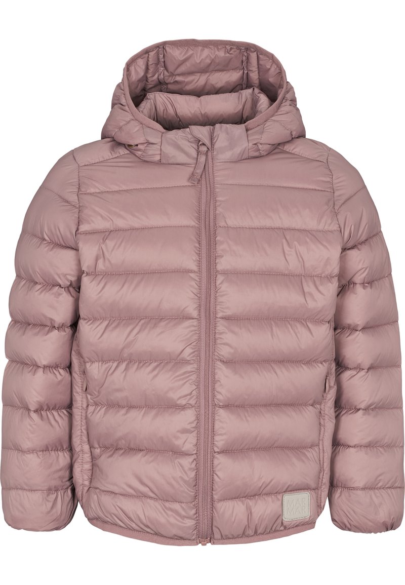 Gevoerde hooded jas van zacht mauve stof, met een horizontaal gequilt ontwerp, een ritssluiting aan de voorkant en een logo patch aan de onderzijde links.