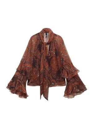 Blusa marrone in paisley con maniche lunghe a campana e colletto con fiocco. Realizzata in tessuto leggero, presenta motivi floreali e astratti.