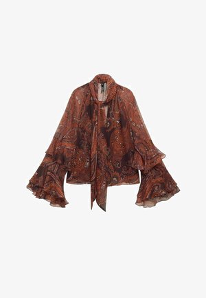 Blusa marrone in paisley con maniche lunghe a campana e colletto con fiocco. Realizzata in tessuto leggero, presenta motivi floreali e astratti.