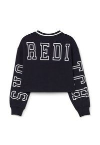 Sudadera corta navy con letras blancas en bloque "REDITCH" en la parte posterior y "S" en la manga. Fabricada con tejido suave, cuenta con un cuello acanalado.