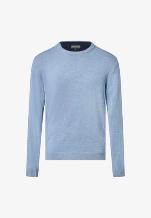 Lichtblauwe gebreide trui met een ronde hals. Lange mouwen en geribbelde manchetten. Zachte textuur met een gladde afwerking. Geen patronen of accenten.