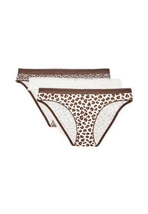 Trois culottes de bikini pour femmes en lot, deux avec imprimé léopard marron et une blanche unie, toutes avec une bordure marron et petits nœuds devant.