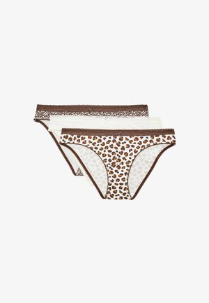 Trois culottes de bikini pour femmes en lot, deux avec imprimé léopard marron et une blanche unie, toutes avec une bordure marron et petits nœuds devant.