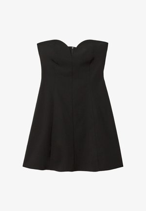 Abito nero senza spalline con corpino aderente e gonna svasata. Tessuto liscio, dettagli con cuciture verticali e zip invisibile sul retro.