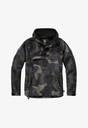 Lengvas džemperis su gobtuvu juodos ir alyvuogių kamufliažo raštu. Turi priekinę kišenę, šoninius užtrauktukus ir elastingas rankoves. Glotni, vandeniui atspari medžiaga.