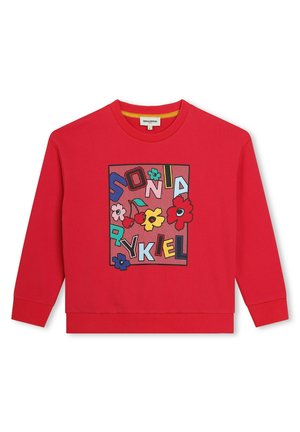 Felpa rossa con stampa grafica di lettere colorate e fiori su uno sfondo texturizzato. Collo arrotondati e polsini a costine.
