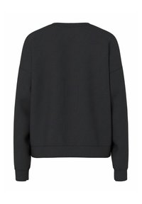 Sweat-shirt noir à manches longues avec col rond et poignets côtelés, vu de dos sur fond blanc.