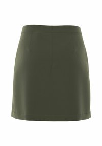 Olivzaļš mini svārciņš no gludas auduma, ar pieguļošu dizainu, tīrām līnijām un smalkām priekšējām krokām papildus detaļām.