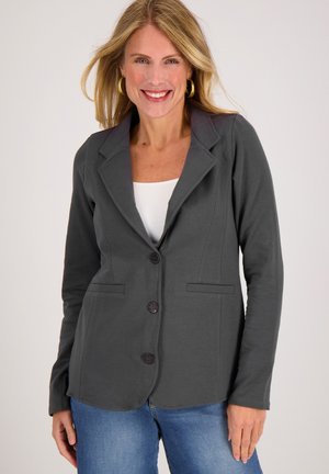 Grijze katoenen blazer met een enkelvoudig ontwerp, met knoopsgat-revers, drie knopen en twee voorkruisen. Gladde textuur en op maat gemaakte pasvorm.