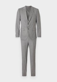 Completo grigio in due pezzi realizzato in tessuto texturizzato. Presenta una giacca monopetto con rever a contrasto e pantaloni con frontale piatto.
