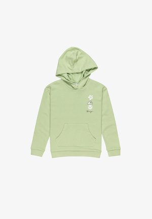 Lys grøn hoodie lavet af bomuld, med en lomme foran og en hætte. Designet inkluderer hvide blomster- og bølgemotiver på brystet.