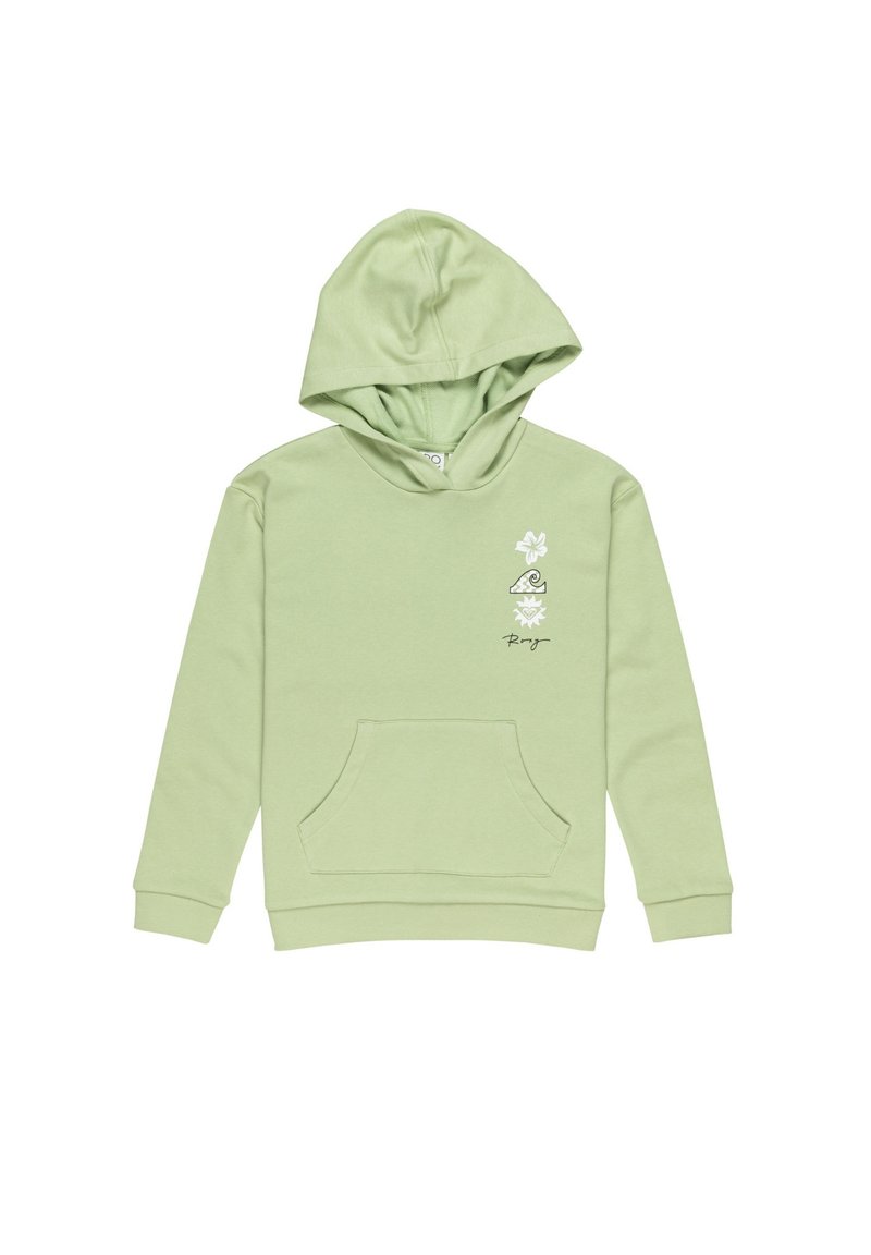 Felpa verde chiaro in cotone, con tasca frontale e cappuccio. Il design include grafiche floreali bianche e onde sul petto.