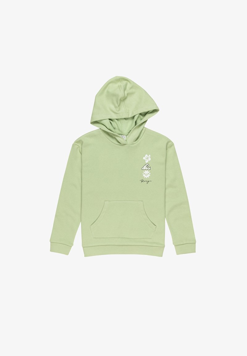 Sudadera verde claro de algodón, con un bolsillo frontal y capucha. El diseño incluye gráficos blancos de flores y olas en el pecho.