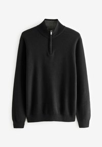 Schwarzer Pullover mit Stehkragen, halbem Reißverschluss, langen Ärmeln, gerippten Bündchen und einer weichen Textur. Der innere Kragen hat eine kontrastierende graue Farbe.