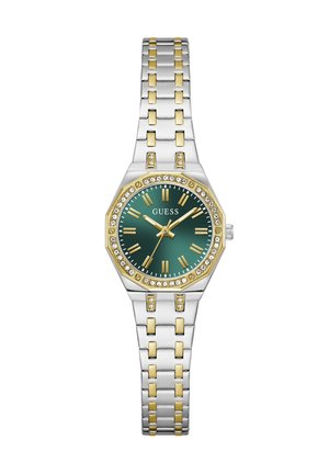 Montre-bracelet en métal bicolore avec cadran vert, chiffres romains dorés, lunette ornée de cristaux et bracelet à maillons.