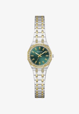 Δίχρωμο μεταλλικό ρολόι χειρός με πράσινο καντράν, χρυσούς ρωμαϊκούς αριθμούς, στεφάνη διακοσμημένη με κρύσταλλα και βραχιόλι με συνδεδεμένους κρίκους.