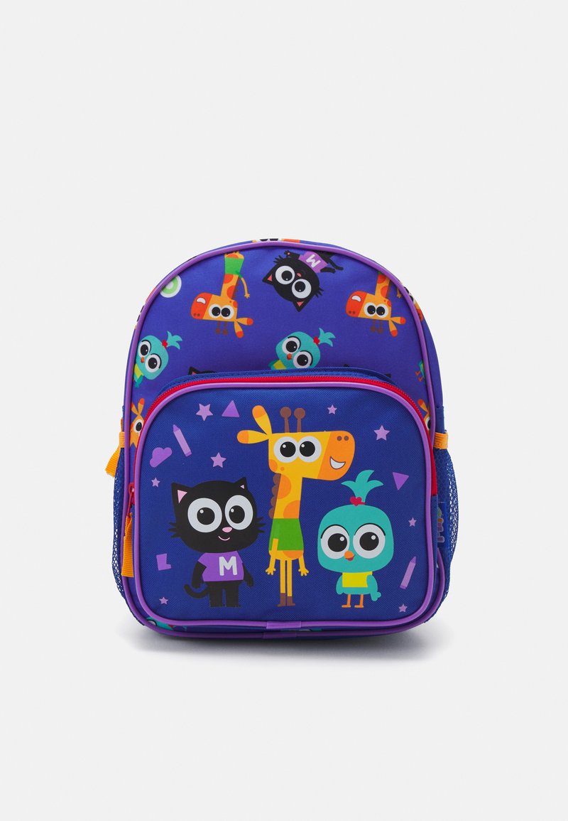 Lila hátizsák, élénk színekben pompázó meseállat mintákkal. Cipzáros záródással, állítható pántokkal és hálós oldalzsebekkel rendelkezik.