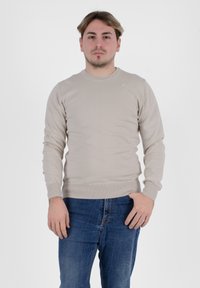 Maglione beige a maniche lunghe con colletto e polsini a coste, abbinato a jeans in denim blu. Design semplice, texture morbida e branding minimal.