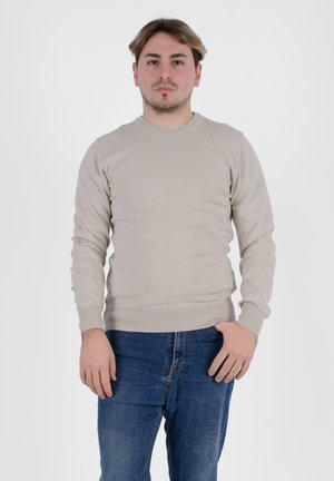 Maglione beige a maniche lunghe con colletto e polsini a coste, abbinato a jeans in denim blu. Design semplice, texture morbida e branding minimal.