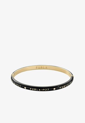 Svart banglearmband med guldaccent, med ingraverad "FURLA 1927" text och små klara kristaller, elegant och slät yta.