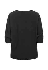 Schwarzes, locker sitzendes Oberteil mit rundem Ausschnitt, dreiviertel Ärmeln, strukturiertem Stoff und einem leicht geschwungenen Saum hinten.