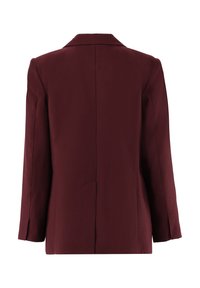Blazer bordeaux con una texture liscia, colletto a punta e maniche lunghe. Presenta una cucitura sul retro e due tasche laterali.