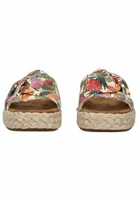 Blomster-mønstrede espadriller med åbne tæer, lavet af stof og en flettet jutesål, med livlige farver som rød, grøn og gul.