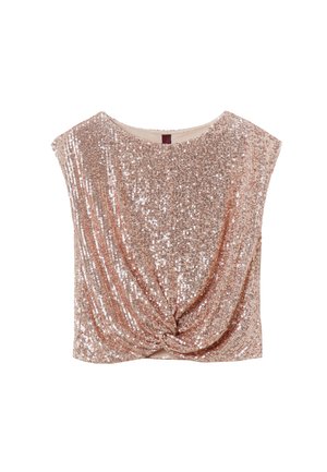 Sleeveless rose gold sequin top with a round neckline and front twist detail, designed for a fitted, shiny look.
