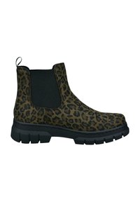 Bottes de cheville à imprimé léopard avec une surface texturée, des panneaux latéraux élastiques, une semelle en caoutchouc noir, et une languette à l'arrière pour un enfilage facile.
