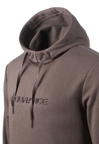 Felpa marrone con cappuccio regolabile e logo in rilievo "ENDURANCE" sul petto, realizzata in tessuto morbido e spesso.