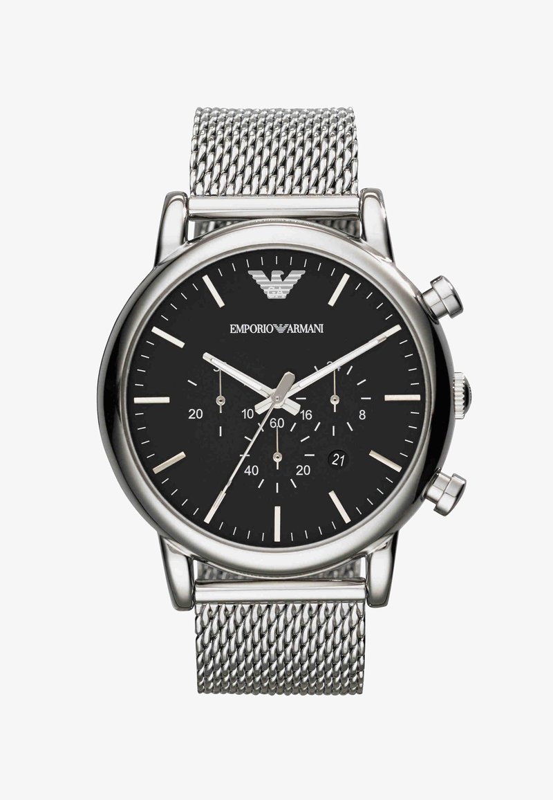 Silberne Chronograph-Uhr aus Edelstahl mit schwarzem Zifferblatt, silbernen Stundenmarkierungen, drei Hilfszifferblättern, einem Datumsfenster und Mesh-Armband.