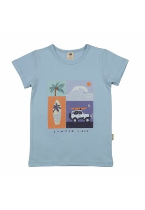 Light blue t-shirt with a four-panel summer design: palm tree, surfing wave, surfboard, and jeep with surfboard on roof, "SUMMER VIBES" text below.