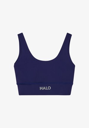 Granatowy sportowy biustonosz z szerokimi ramiączkami i logo „HALO” wydrukowanym na białym pasku z przodu, na środku.