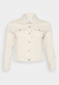 Hellbeige Jeansjacke mit einem Kragen, vordere Knopfleiste und zwei Brusttaschen. Ausgestattet mit silberfarbenen Knöpfen und einer anliegenden Silhouette.