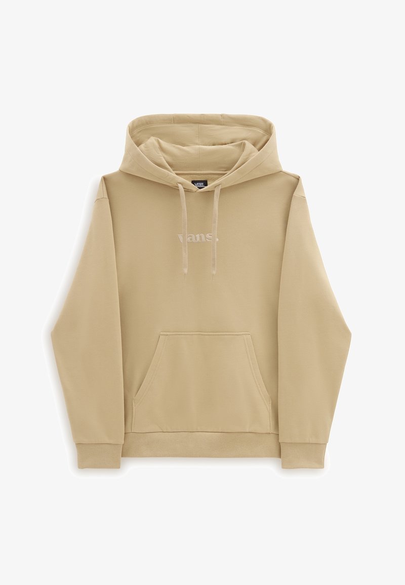 Haut à capuche en coton beige avec une poche avant, une capuche à cordon de serrage, et le logo "Vans" en couleur claire, avec des manches longues et une coupe décontractée.