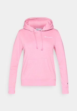 Rózsaszín kapucnis pulóver puha anyagból. Elöl zsebbel, szegélyezett kapucnival és bordázott mandzsettákkal rendelkezik. A mellrészen logó található.