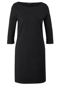 Robe noire en tissu doux, avec un col rond, des manches trois-quarts et une silhouette droite avec des fentes sur les côtés.