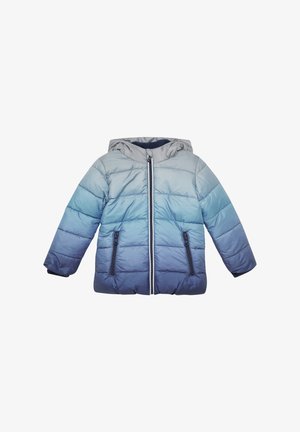 Padded Jacke in einem Farbverlauf von Grau zu Blau, mit Kapuze, Frontreißverschluss und zwei Reißverschlusstaschen an den Seiten.